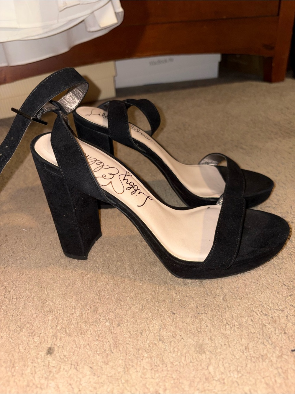 libby. edelman Black Suede Block Heel Ankle-Strap Sandals